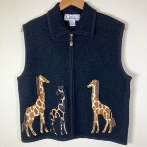Vintage Lisa International Boiled Wool Giraffe Zip Vest Safari Animal L